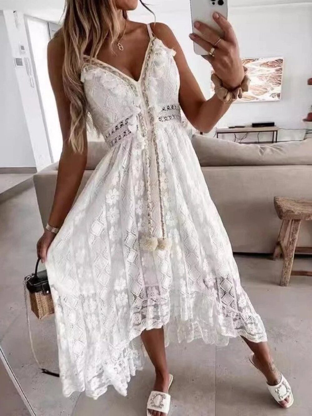 Women's Crochet Lace Maxi Dress Spaghetti Strap V Neck Cami Beach Boho Sundress